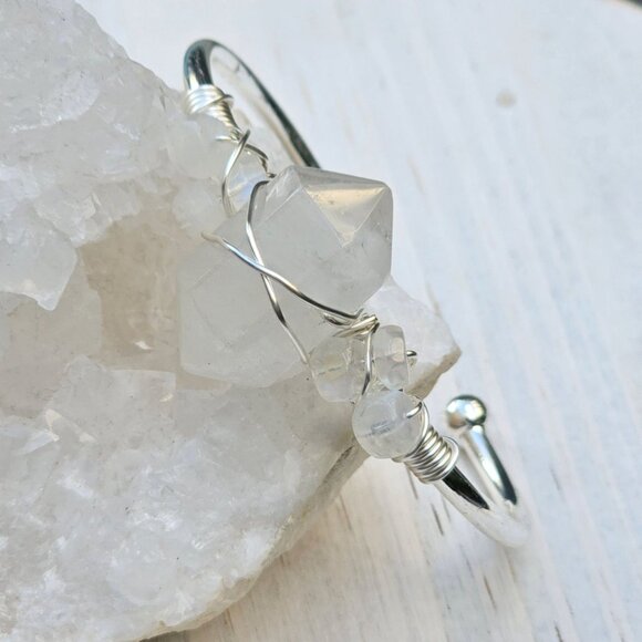 Moonstone Wire Wrap Cuff – 925 Silver Over Copper – Intuition & Balance Talisman - Picture 4 of 11